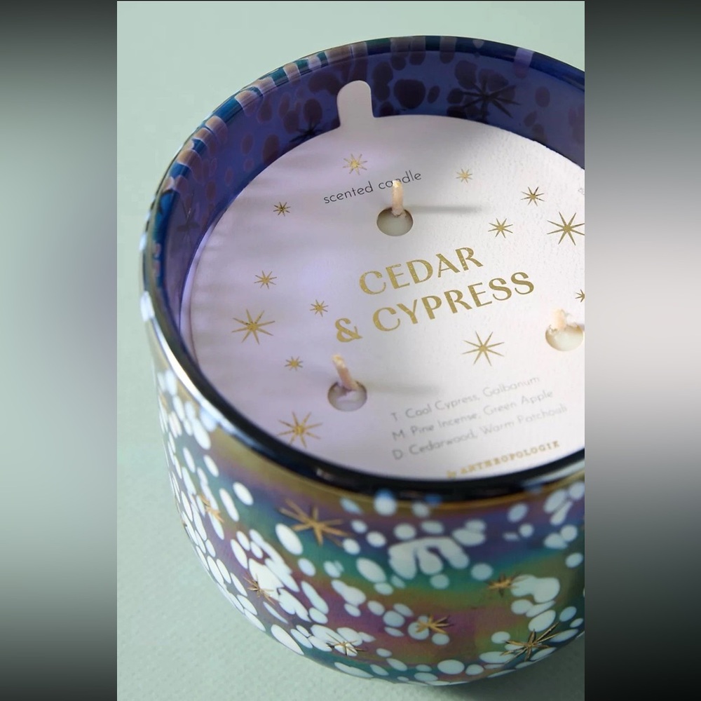 New Anthropologie Festive Woody Cedar & Cypress Gilded Glass Jar Candle 3 Wick - Picture 2 of 2